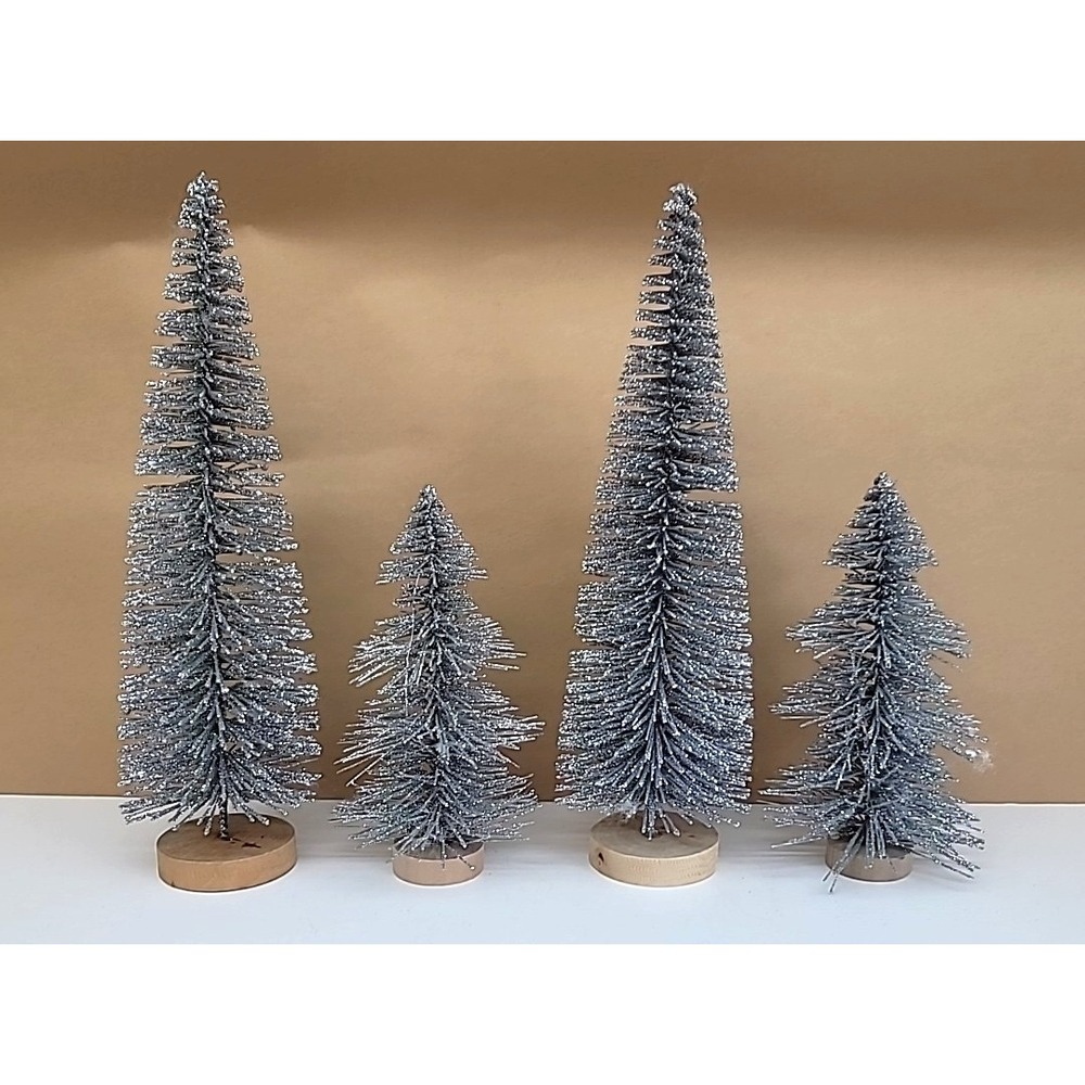 Set Of 4 Silver Glitter Bottle Brush Christmas Trees-Wood Base-10.5" & 6.5" Tall